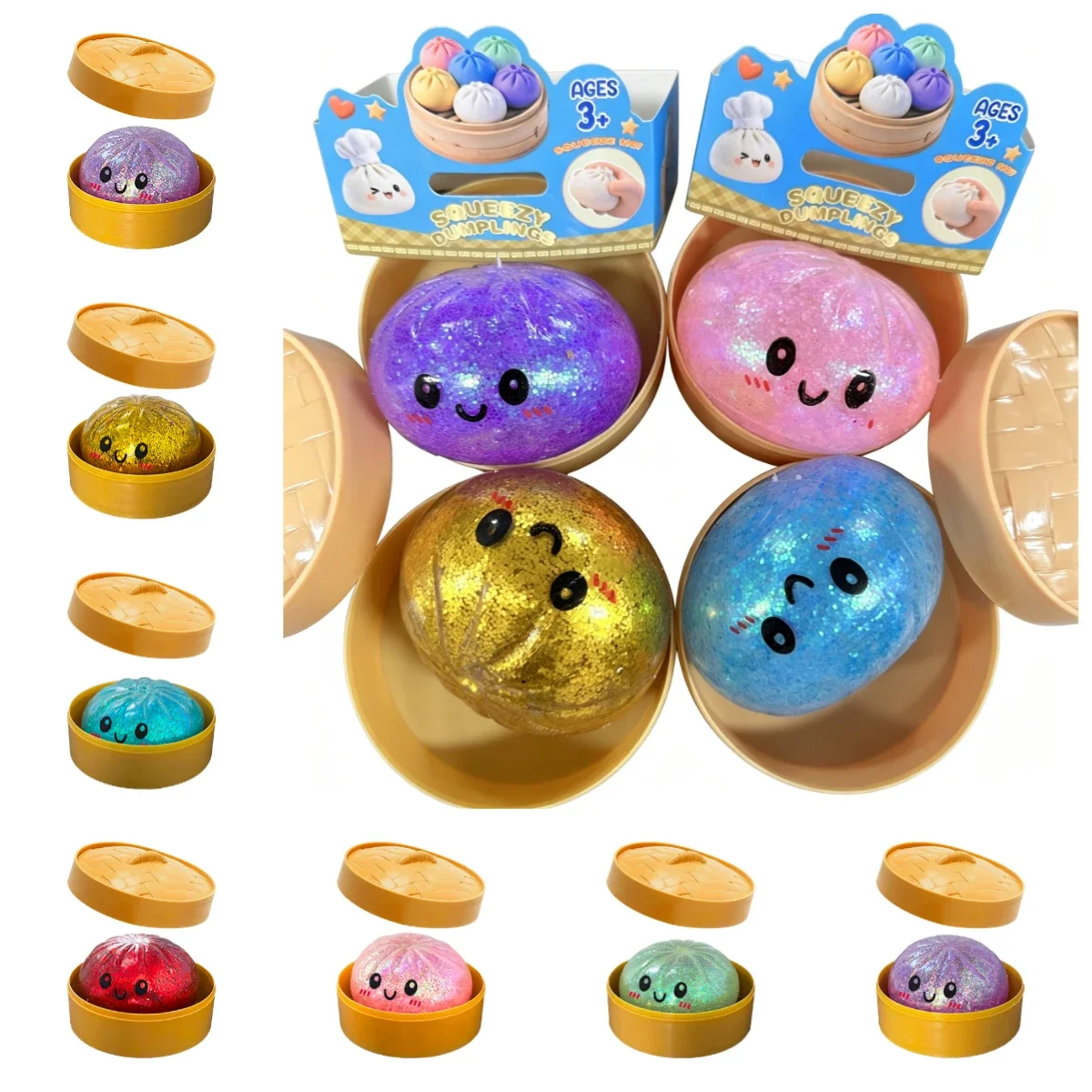 Squishies en forme de boulette scintillantes avec boîte - Jouet sensoriel anti-stress en forme de boulette pour le plaisir et la relaxation, jouets squishy pour adultes et enfants