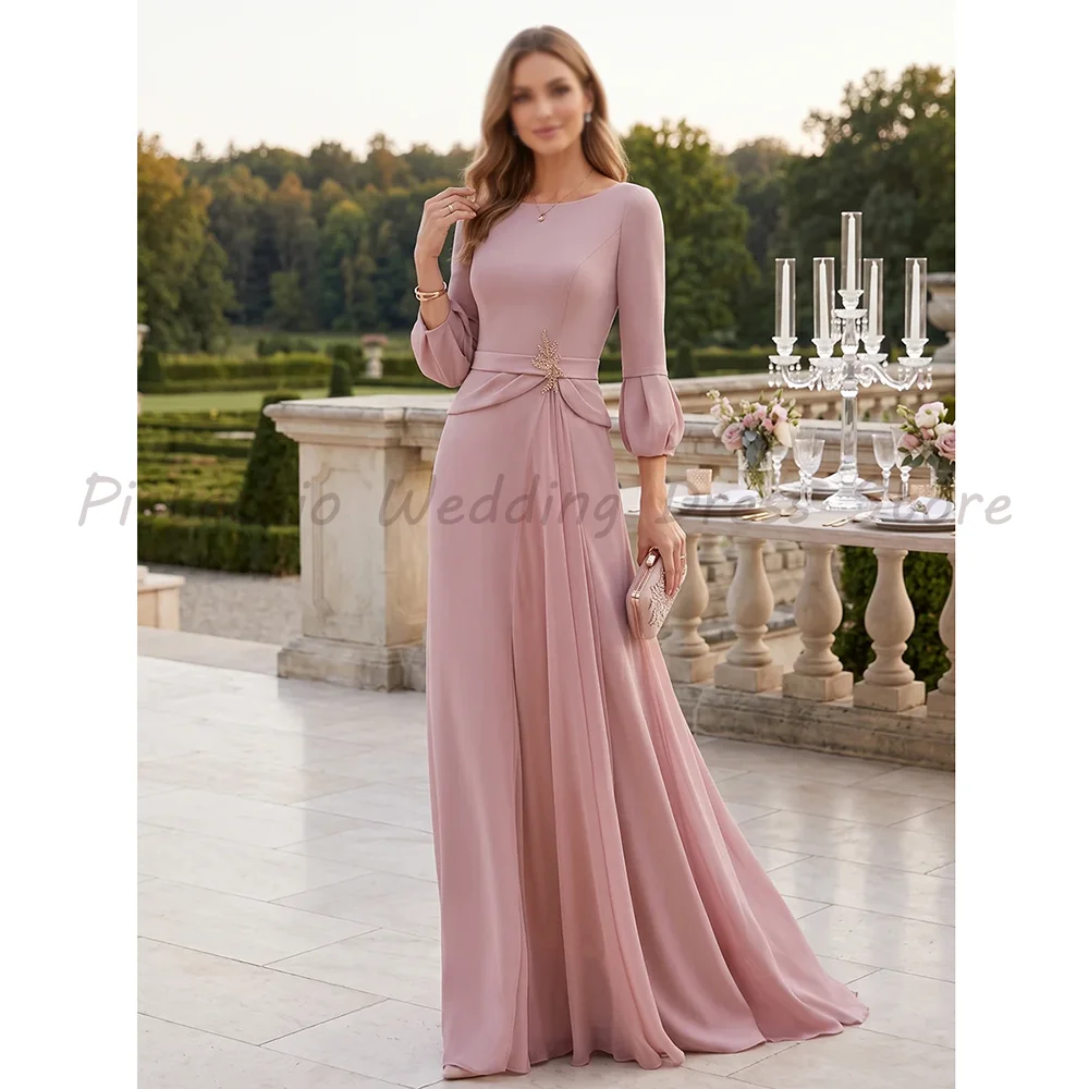 Vestido de Chifón Rosa Empolvado para Mujer, Cuello Bateau, Manga 3/4 Abullonada, Broche con Cuentas, Corte A, Vestido de Noche para Madre de la Novia