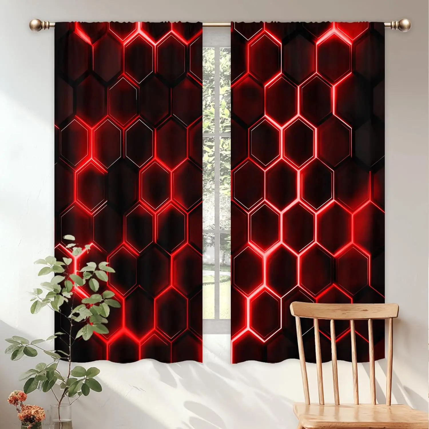 

Красно-черные неоновые шторы с принтом для спальни, на карнизе, современные, стильные, темные, 3D, с шестиугольным геометрическим узором, для детей, подростков, мальчиков, в стиле гейм-арт