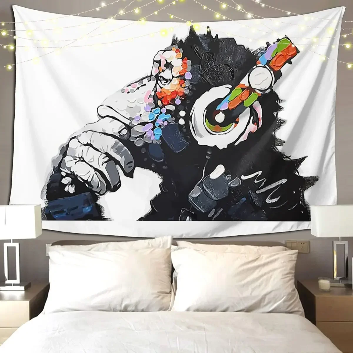 Banksy DJ Monkey Thinker With Headphones White Tapestry Wall Hanging Aesthetic Tapestries for Living Room Bedroom Dorm Room