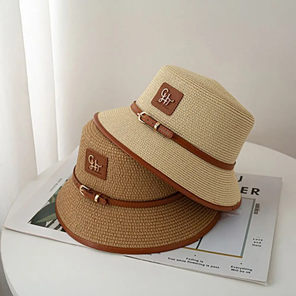 

Flat Top Straw Hat Versatile Sun Protection Short Brim Net Red Belt Small Pot Hat Wrapped with Edge DIY Beach Hat Women's