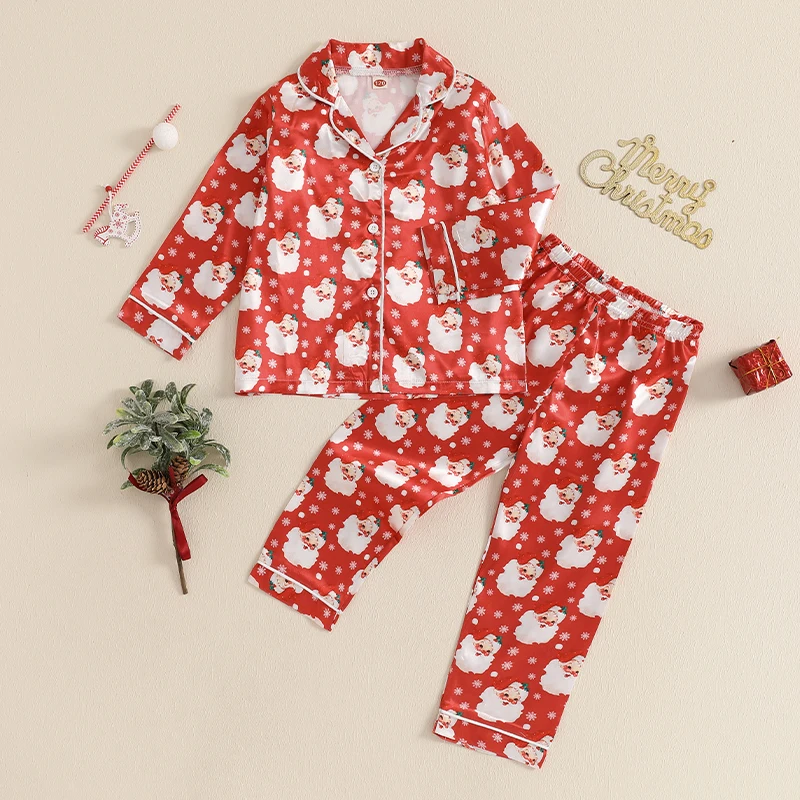 Conjunto de pijamas de Navidad para niños y niñas, camisas con estampado de Papá Noel para otoño e invierno, Tops y pantalones largos, ropa de dormir de 2 piezas para 3-7 años