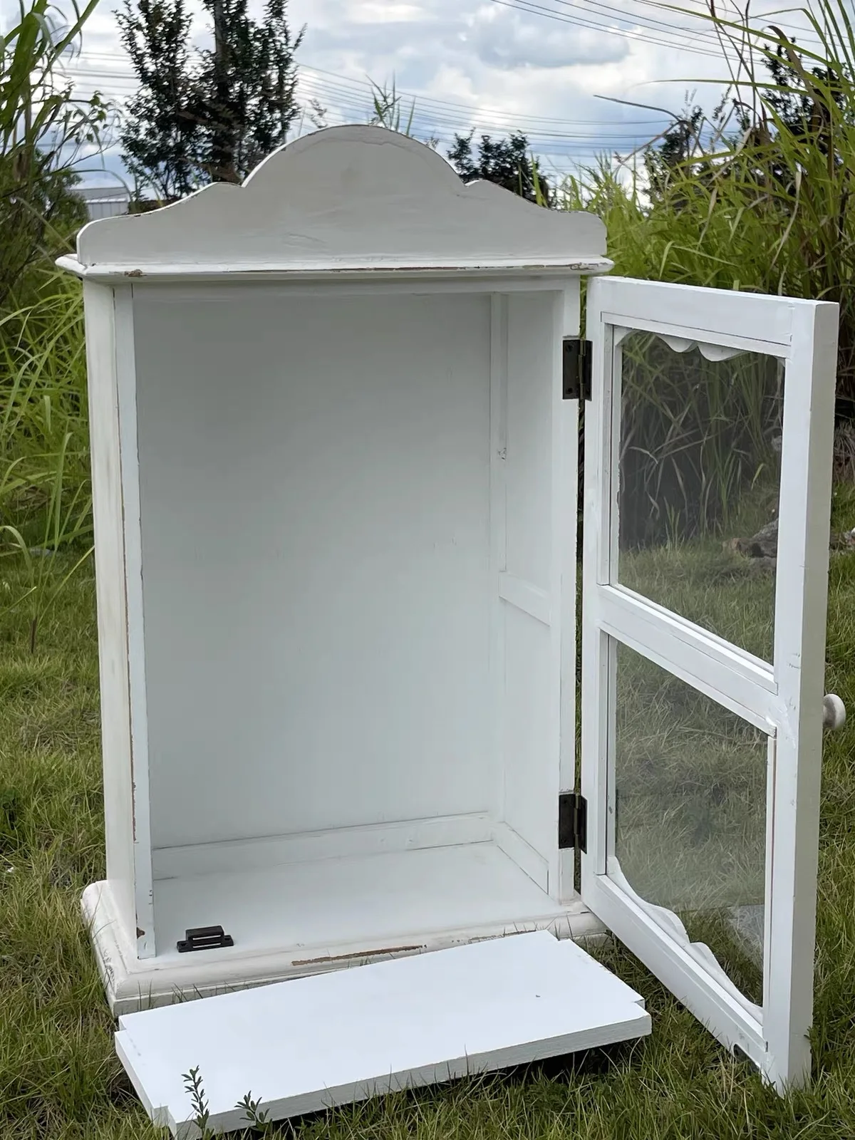 Handmade Vintage White Wood Display Cabinet with Glass Door, Wall-Mounted or Tabletop Storage Shelf for Bathroom Kitchen Decor view 2