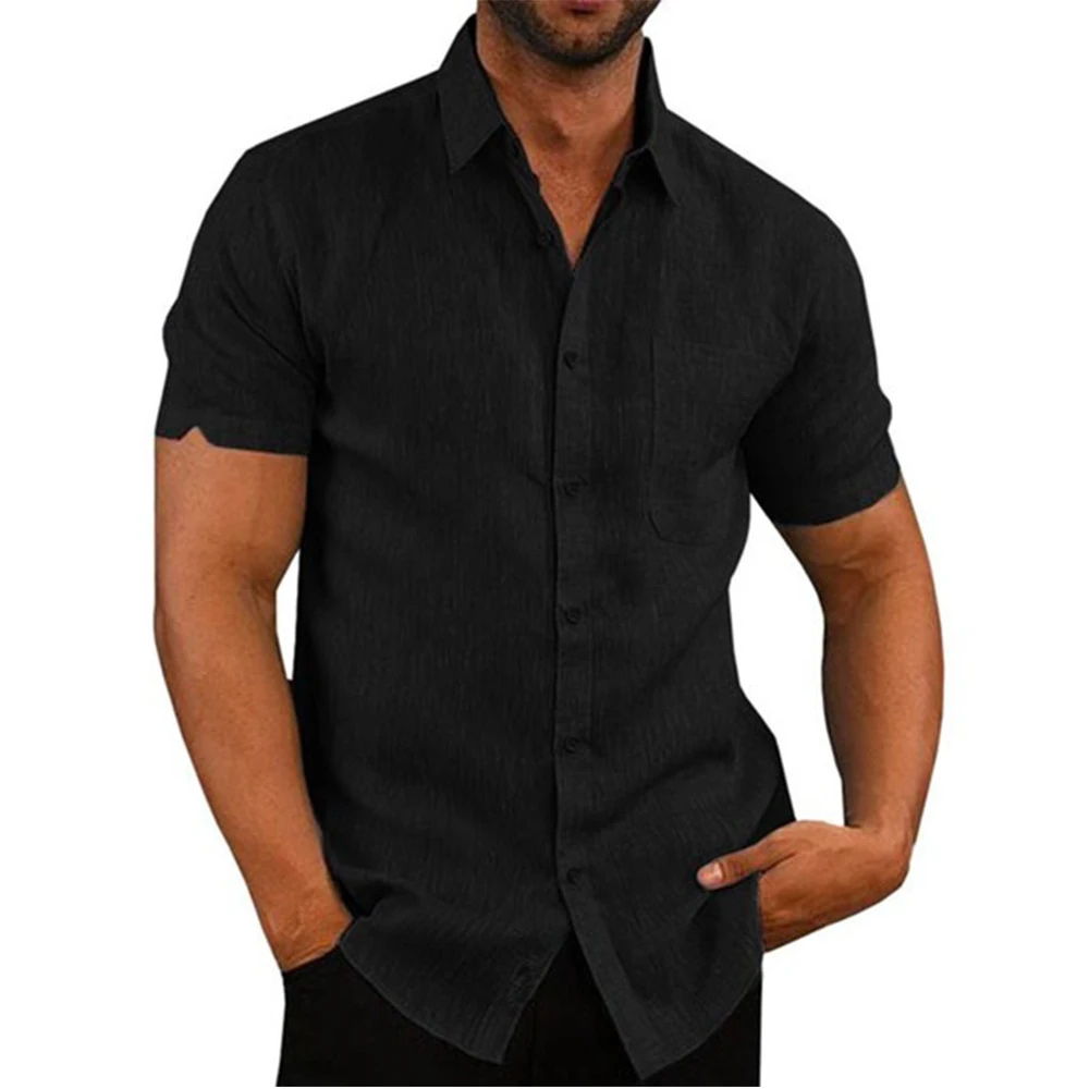 2024 New Style Cotton Linen Hot Sale Men\'s Short-Sleeved Shirts Summer Solid Color Turn-down collar Casual Beach Style Plus Size