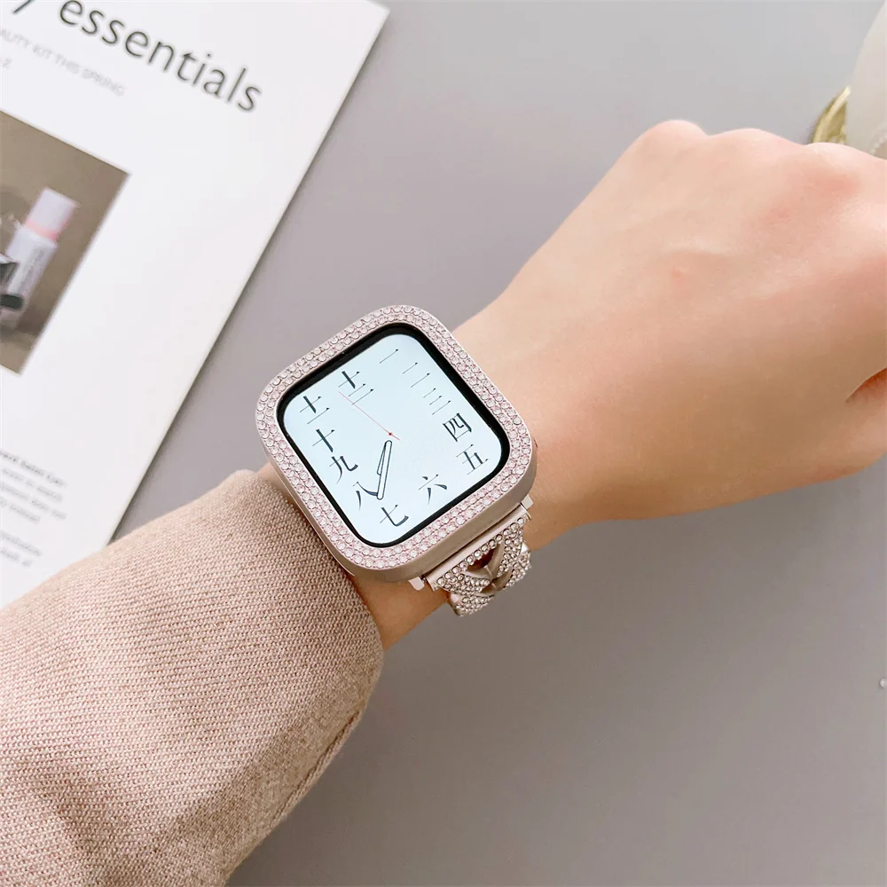 Tinh Thể Và Da Bò Kim Loại Dây Chuyền Tương Thích Với Apple Đồng Hồ Vòng Tay Ban Nhạc Với Bling Ốp Lưng Bảo Vệ 41Mm 42Mm 44mm 45Mm 49Mm
