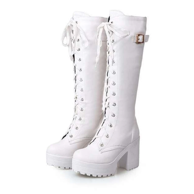 ゴシックプラットフォームハイブーツ女性のセクシーなバックル黒、白の冬のニーハイブーツ女性ブロックヒールパーティーシューズレディース