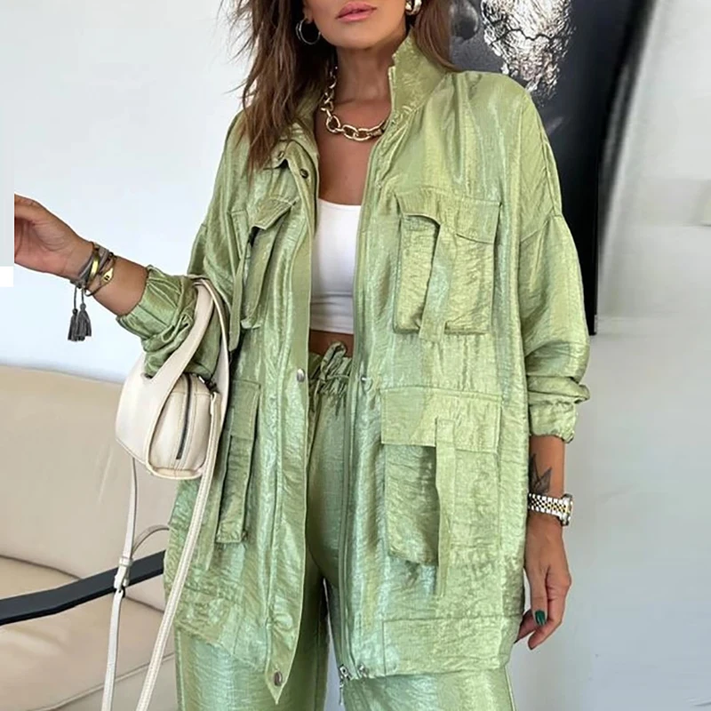 レトロメタリックカラーの女性のジャケットストレートレッグパンツ 2Psc カジュアルラペルボタンジッパーオフィストップ長袖ポケットアウター