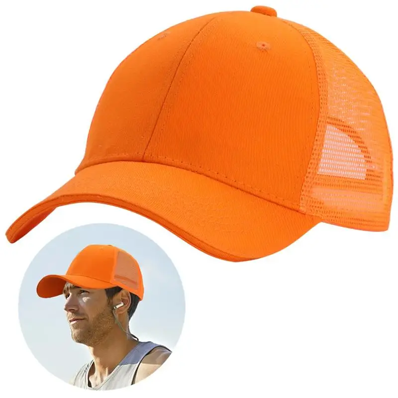 Orange Peaked Cap With Spliced Mesh Design Fashionable Baseball Cap Hat Breathable Long-Brim Cap With Adjustable Buckle Strip