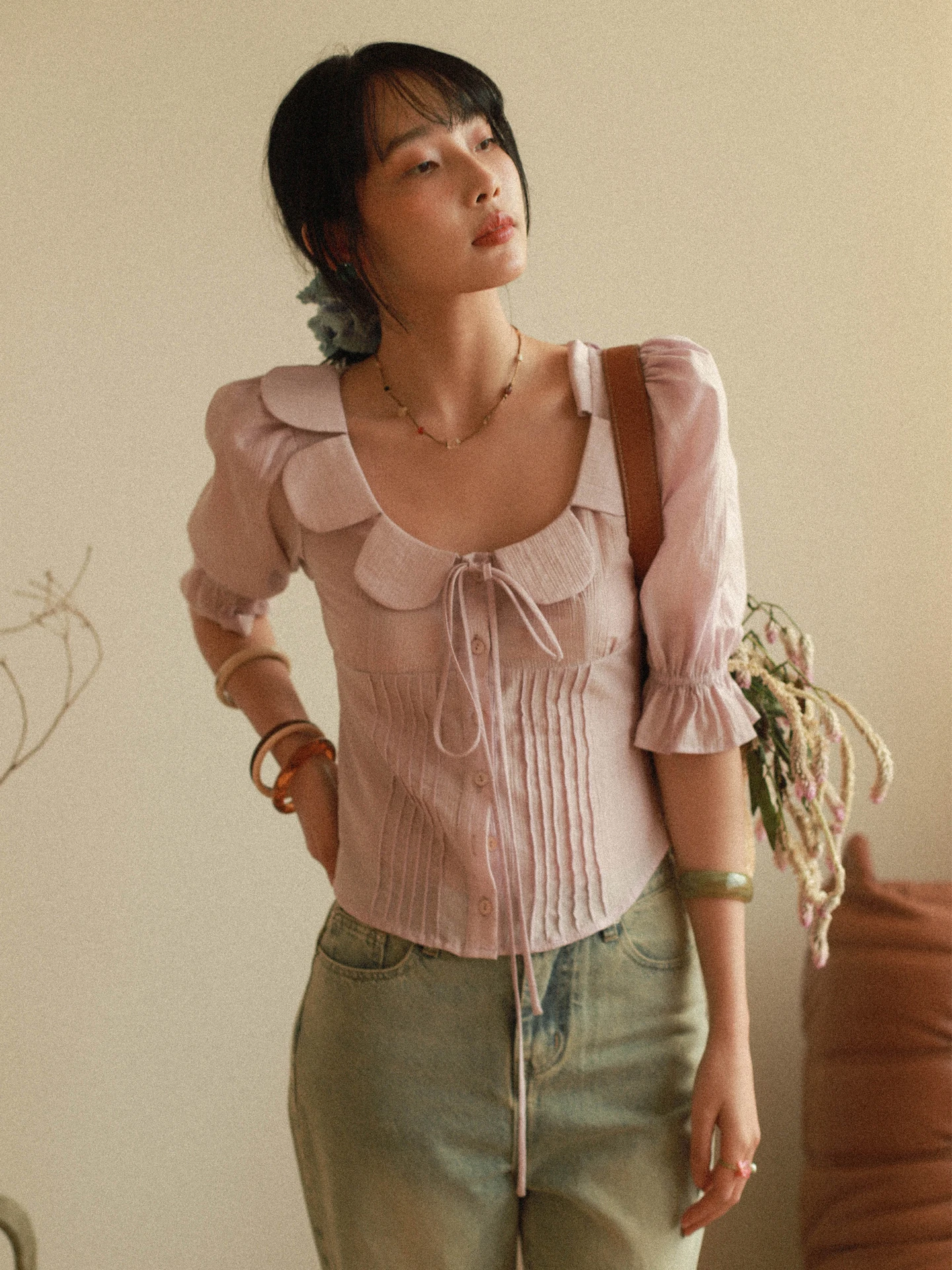 

Женский топ Otherbela Vintage с воротником-лепестком, поясом, пышными рукавами, плиссированной талией и завязками спереди, из смесового шелка, весенняя мода