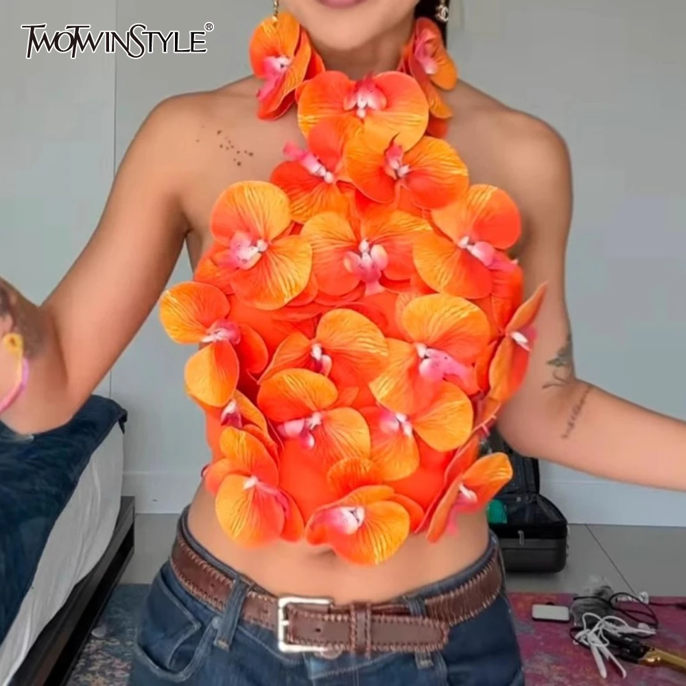 

TWOTWINSTYLE Lightcolor Patchwork 3D Flower Vest for Women Halter Sleeveless Slimming Backless Summer Hot Girl Tank Tops Female