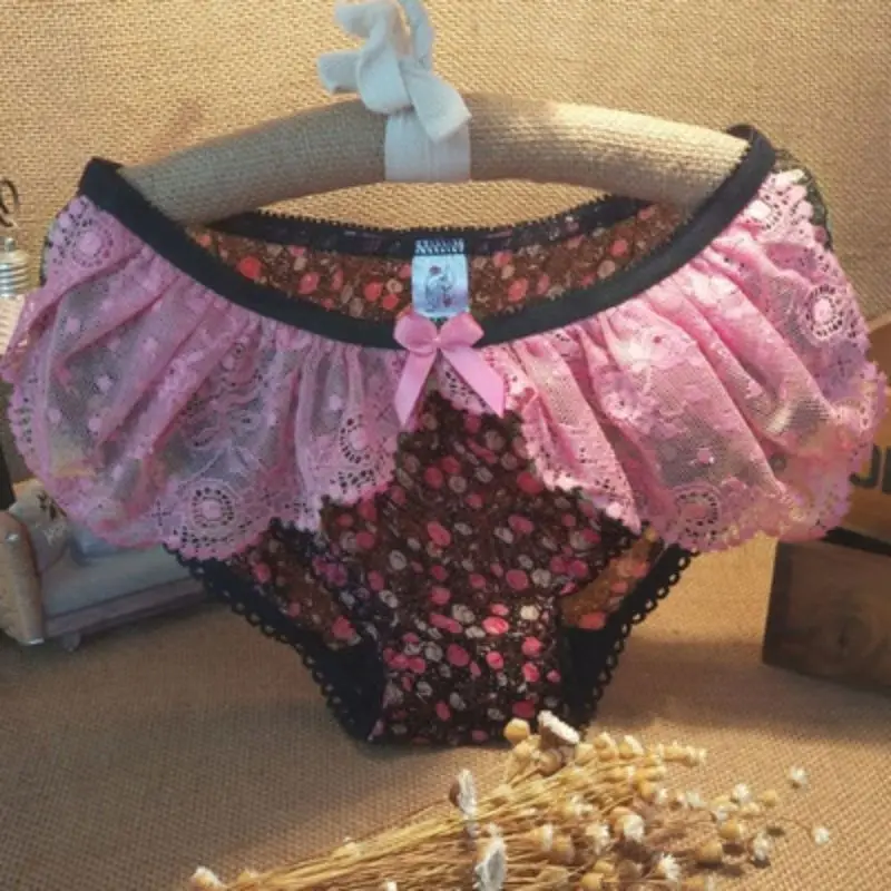 

Women Sexy Lace Panty Semi Transparent Mesh Printing Underwear Print Briefs Sissy Low Waist Ruffled Bow Panties