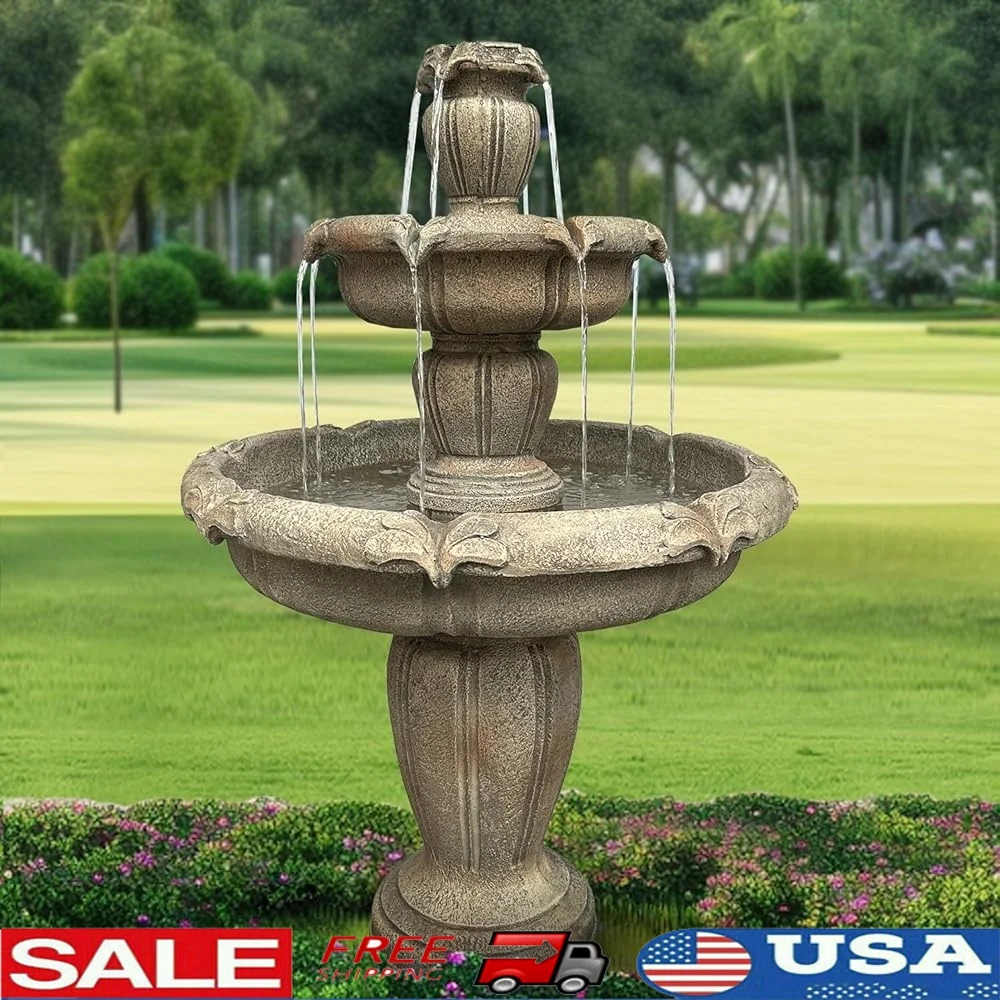 

48 Inch Outdoor 3 Tier Water Fountain Durable Concrete Garden Fountain with Submersible Pump Cascading Waterfall Relaxation