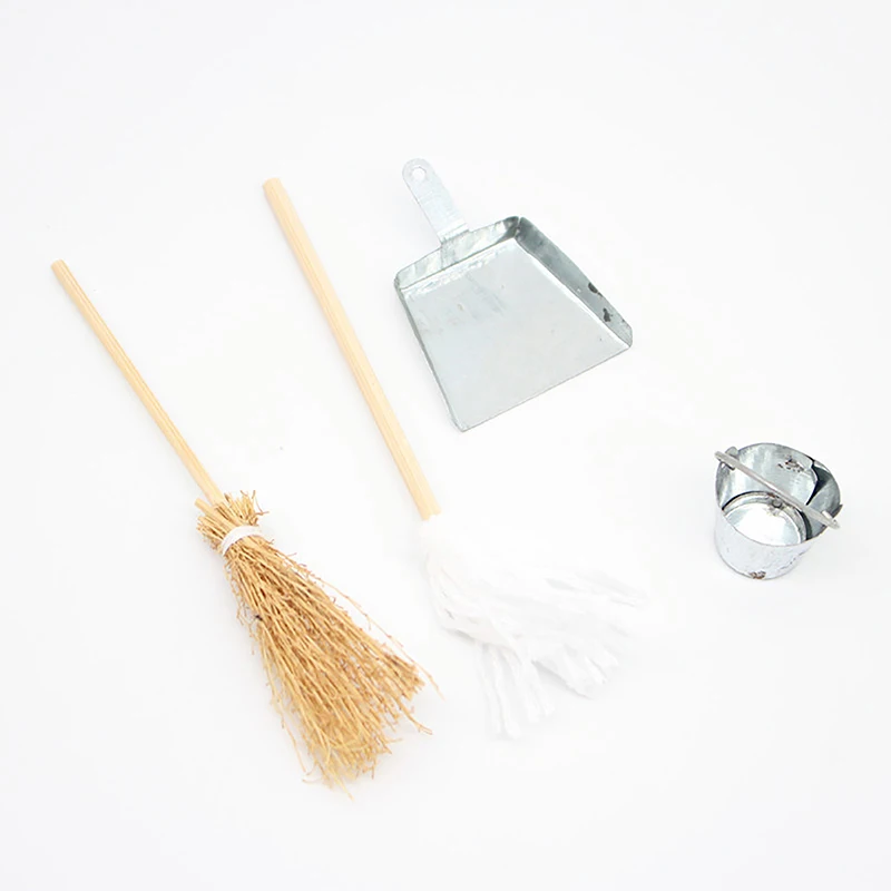 1/12 Dollhouse Broom Dustpan Mop Metal Pail Kit Dollhouse Mini Cleaning Tool Accessories Dolls House Decor Pretend Play Toy