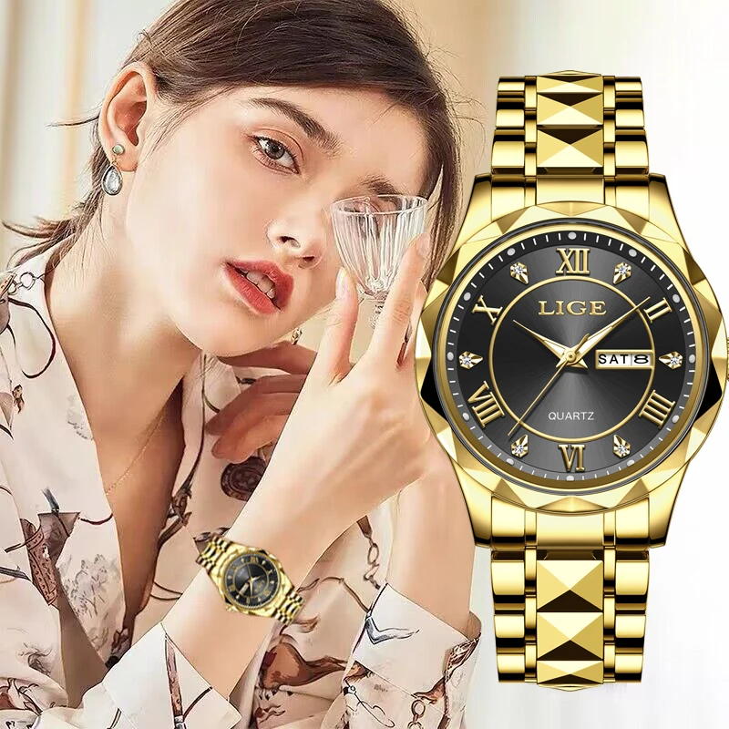 

LIGE Luxury Ladies Dress Watch Luminous Waterproof Woman Wristwatch Stainless Steel Golden Women Quartz Watches reloj+box