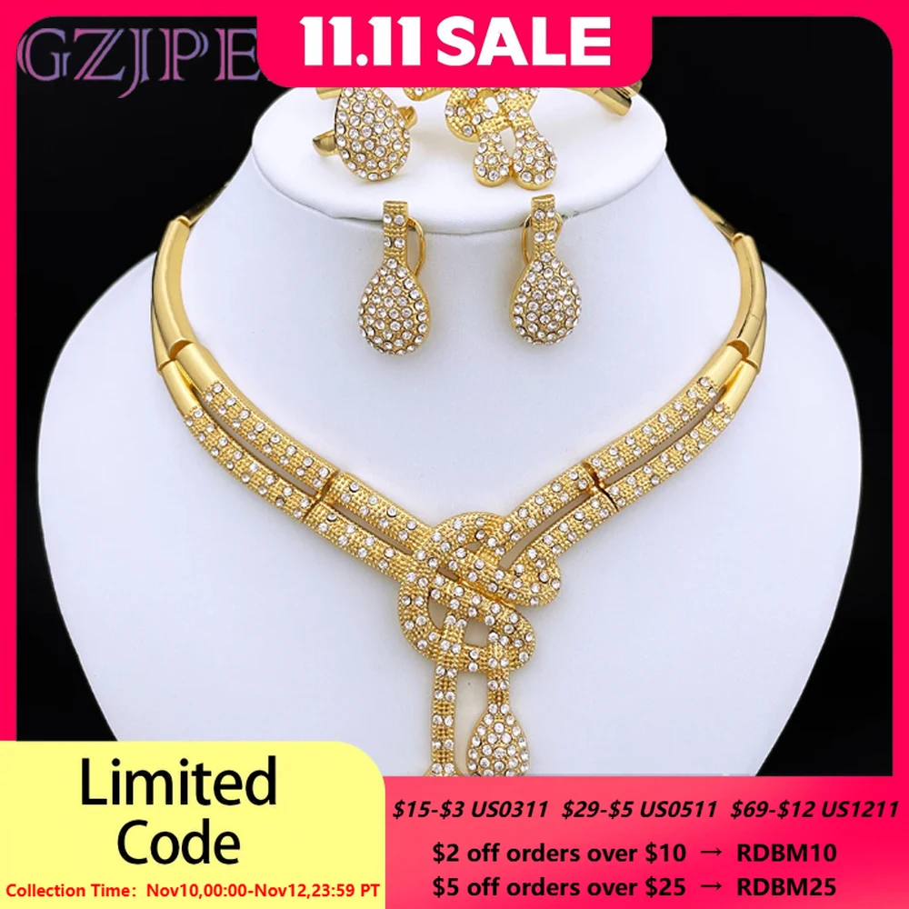 

Dubai Gold Color Women Jewelry Sets Classic Design Necklace Earrings Charm Bracelet Ring Banquet Party Jewelry 18K Gold Plated