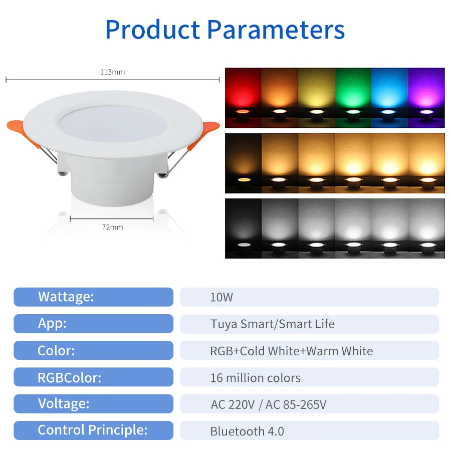 AC 85-265V 220V 10W Smart Bluetooth Downlight regulable RGBCW luz LED empotrable de techo Smart Life App Control decoración para sala de estar