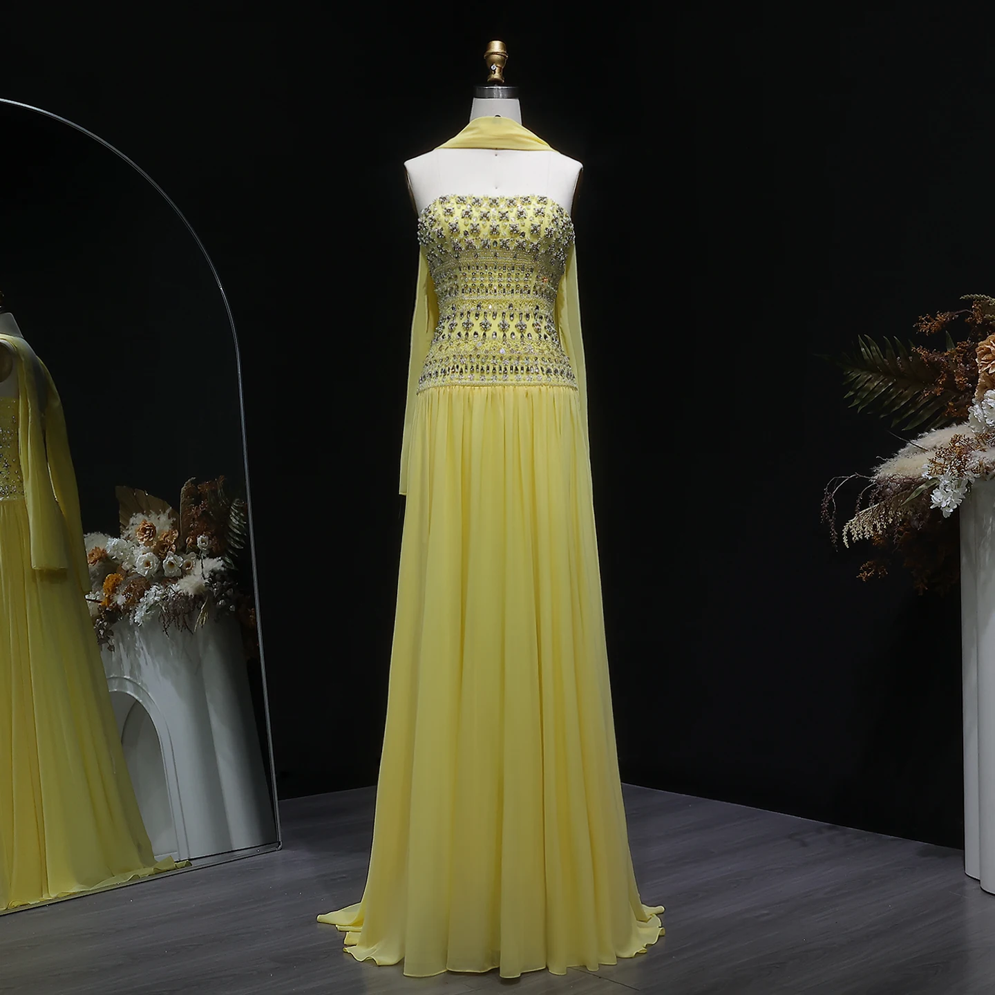 Sharon Said Funkelndes Fliederfarbenes Perlenbesetztes Plissiertes Chiffon-Abendkleid mit Fließendem Schal Dubai Saudi Hochzeitsfeier SS539 Maßanfertigung – Detail 27