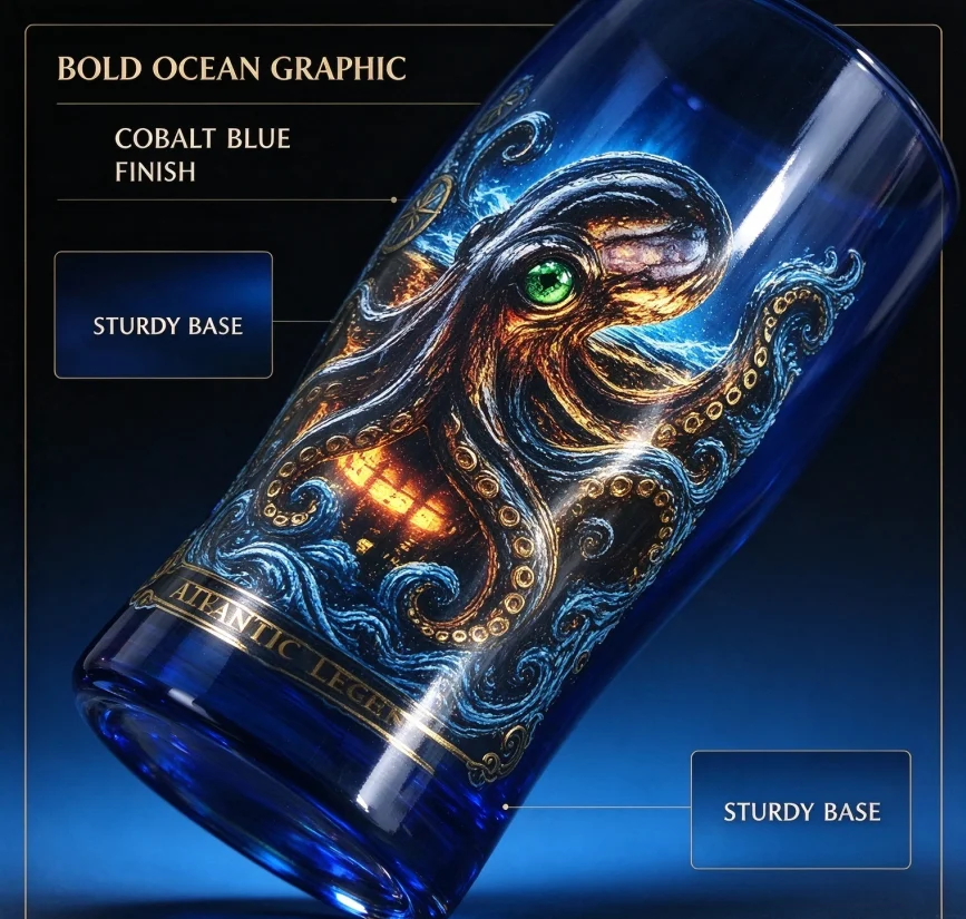 Exquisite Deep Ocean Octopus Art Print Glass Cup, Thick‑Base Drinking Tumbler, Home Bar Counter Display Ornament, Premium