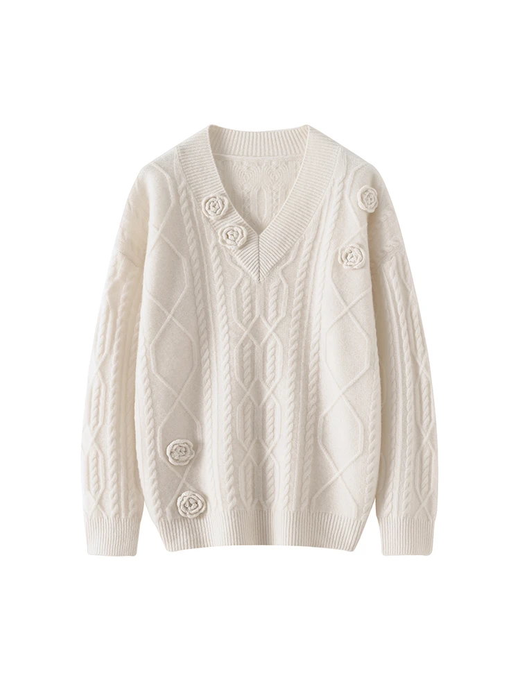 

New Women 100% Merino Wool Sweater V-neck Handmade Flower Pullover Autumn Winter Cashmere Knitted Soft Warm Clothing Luxury Tops