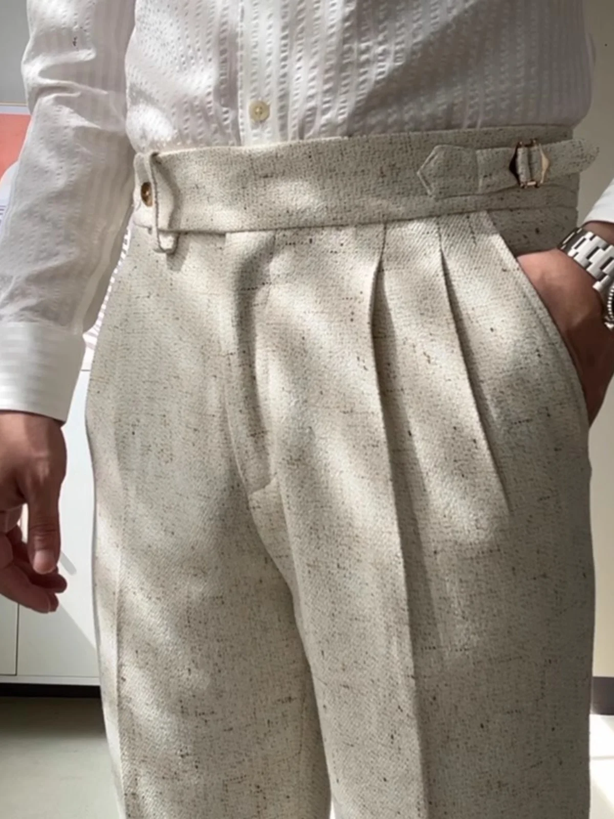 

Мужские брюки с высокой талией, прямого кроя, не требующие глажки, в стиле ретро, из ткани, похожей на коноплю, для повседневной носки и делового стиля, молодежные, для бизнес-кэжуал образов.