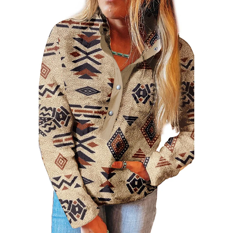 Sweat-shirt ample à manches longues pour femme, demi-fermeture éclair, imprimé géométrique, grande poche, haut chaud, nouvelle collection automne hiver 2025