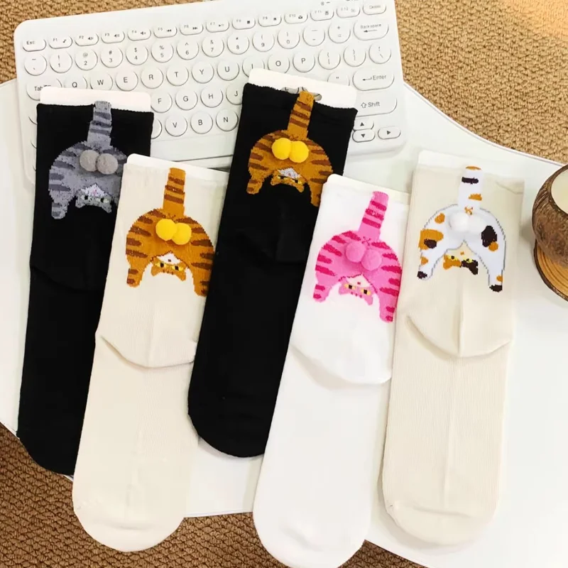 Cartoon Cat Egg Socks Soft Breathable Cute Mid Tube Cotton Socks 3D Cat Egg Balls Unique Design Trendy Funny for Christmas Cat