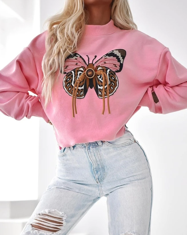 New Product In Stock, Fashionable and Popular Butterfly Pattern Round Neck Long Sleeved Off Shoulder Casual Sportswear for Women