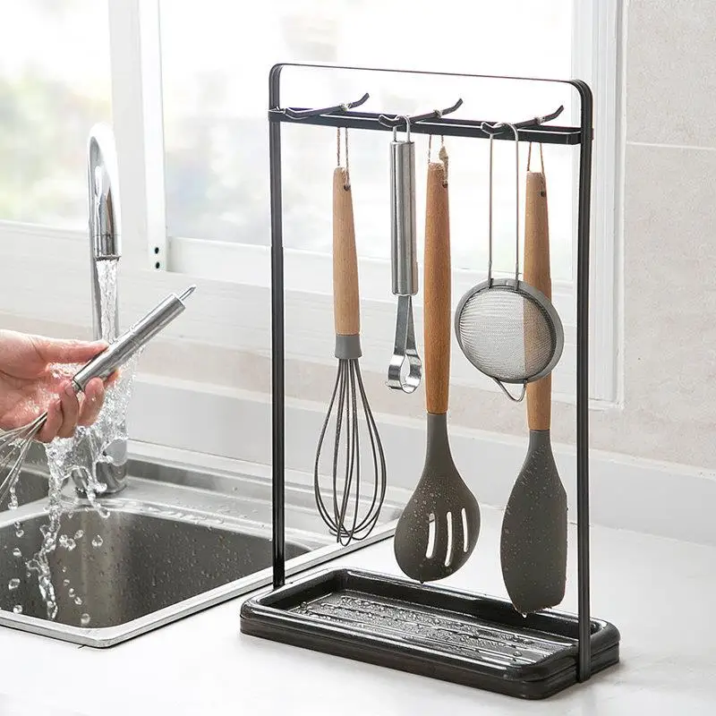 

Кухонная подставка для ложек и кухонной утвари из кованого железа с 6 крючками, поддоном для сушки и органайзером для хранения на столешнице