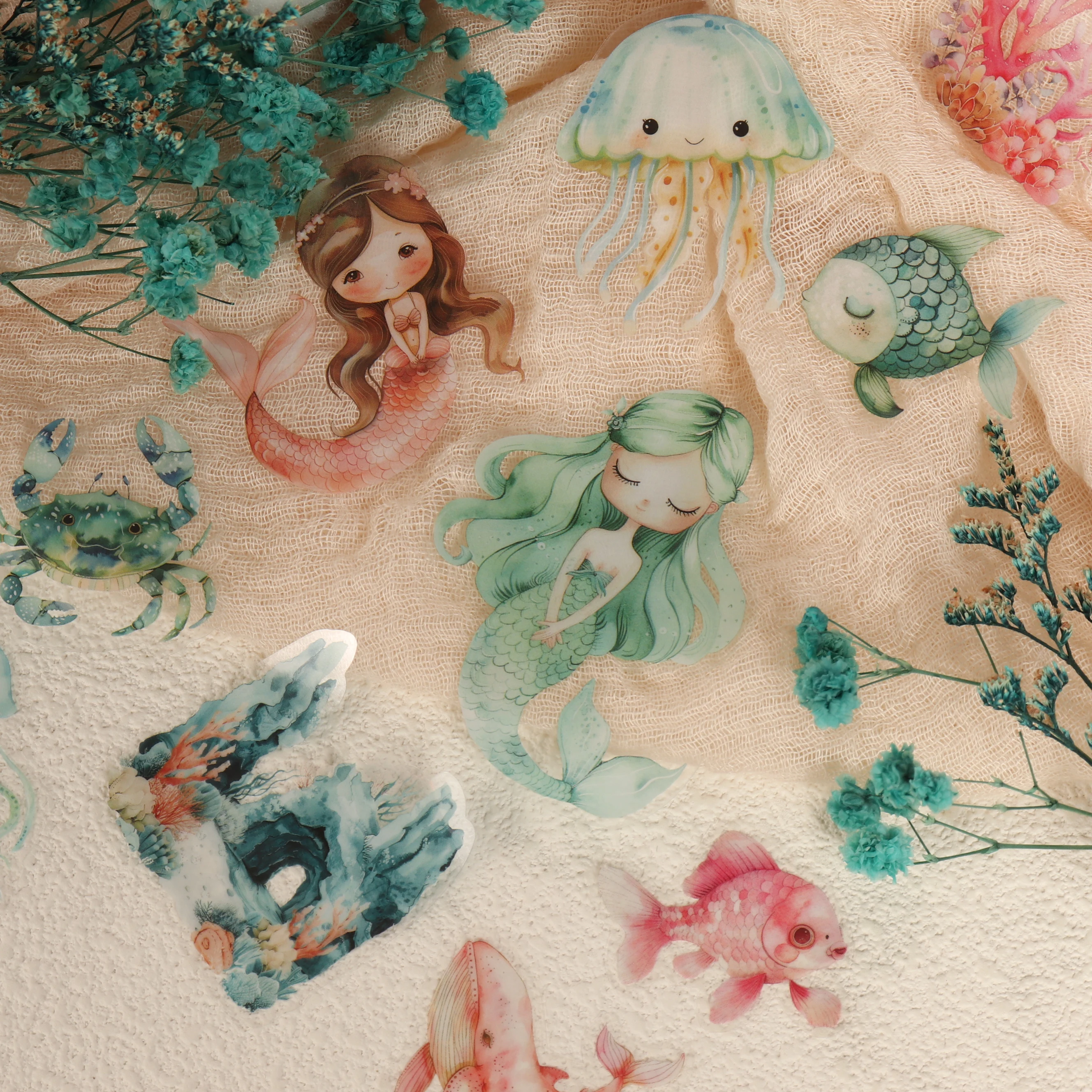 56 Stück PET wasserdichtes Meerjungfrau-selbstklebendes ästhetisches Aufkleberpaket, für Heimwerkerarbeiten, Scrapbooking-Zubehör, Junk Journals – Detail 2
