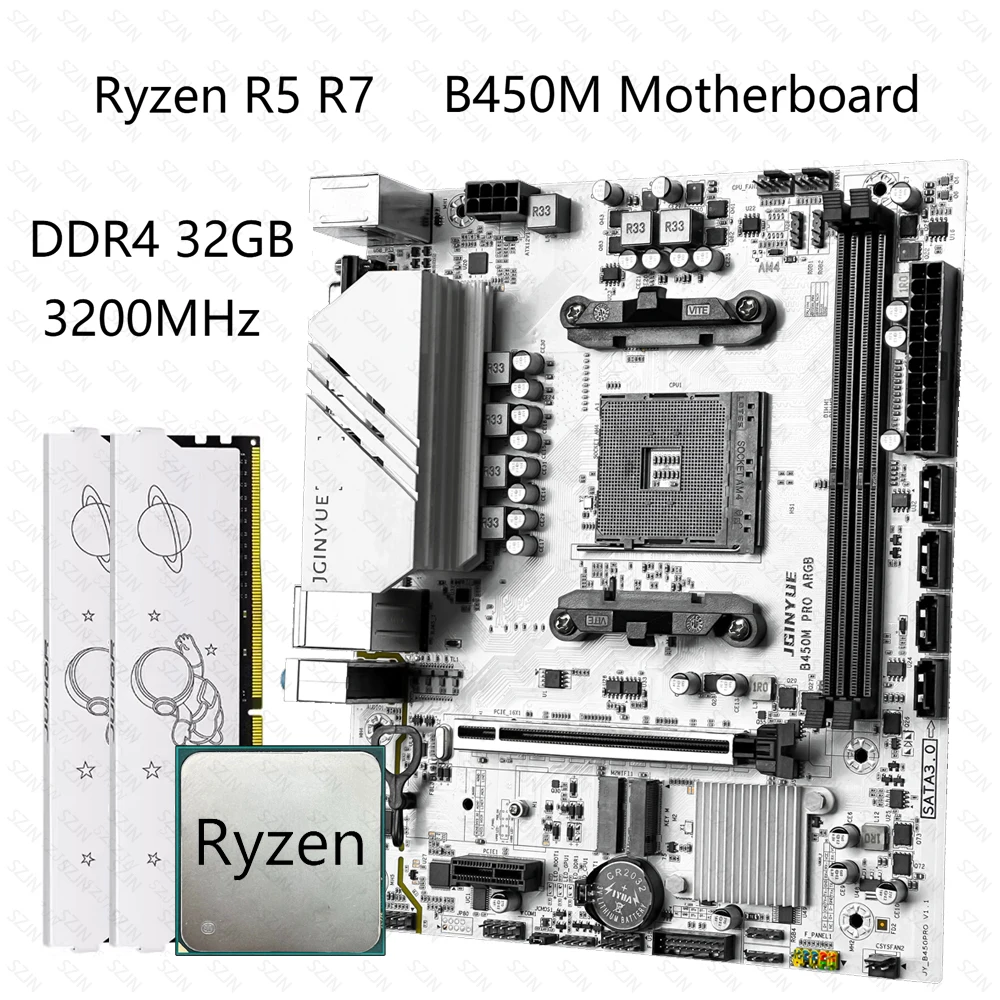 

JGINYUE B450M Motherboard Set with Ryzen R5 R7 Processors 32GB DDR4 3200 Dual Channel Memory Support M.2 NVME 4x ARGB Gaming Kit