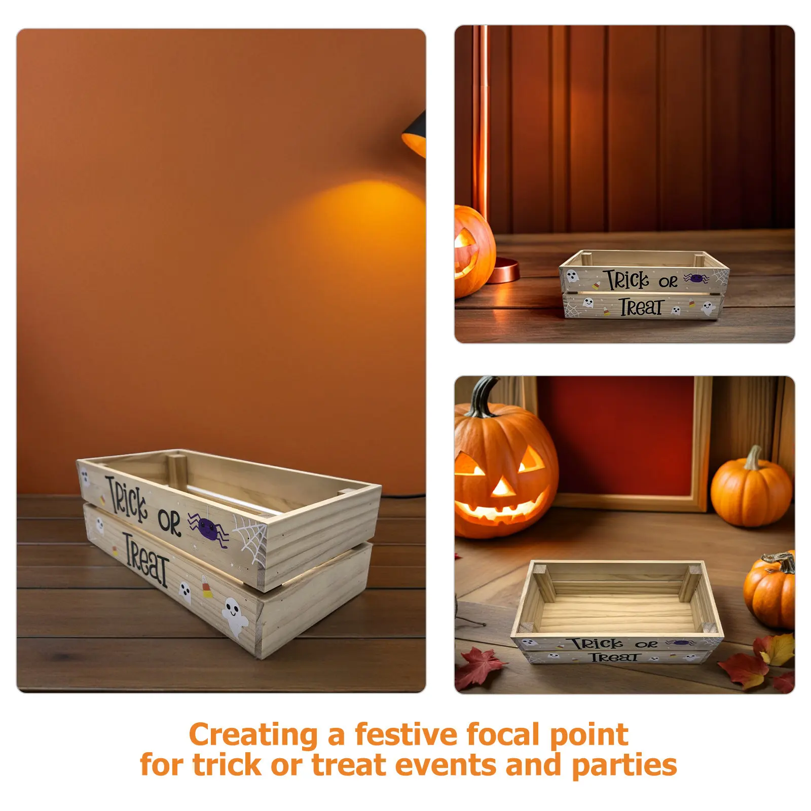 Halloween Candy Bowl Wooden Trick or Treat Snack Holder Serving Tray Dessert Plate Party Table Decor