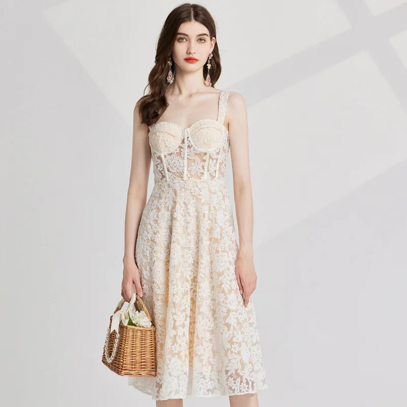 

Traf Woman 2025 Slim Mid Calf Solid Embroidery Sleeveless Lace Dresses Elegant Women's Summer Dress Clearance
