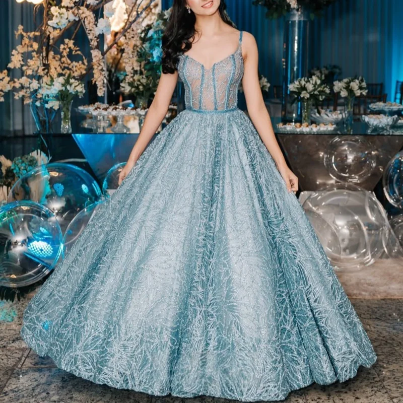 

Customized Shiny Broken Ice Blue Quinceanera Dresses Off the Shoulder crystal sequin applique Lace Long tail Vestido 15 Quincean