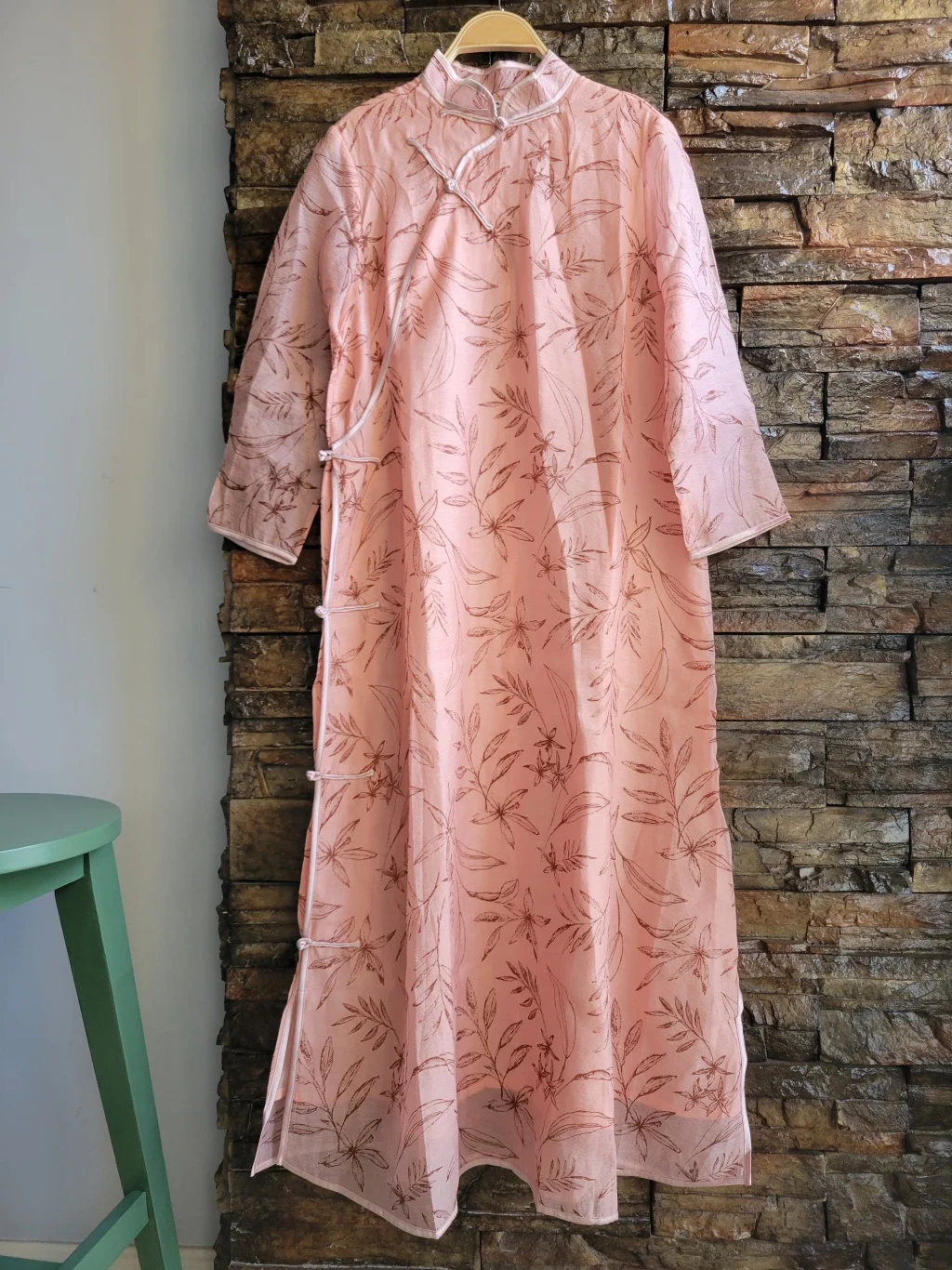 

Chinese style cheongsam Pink printing silk linen fabrics long dresses Vintage Slant Cardigan Straight dresses Woman clothing