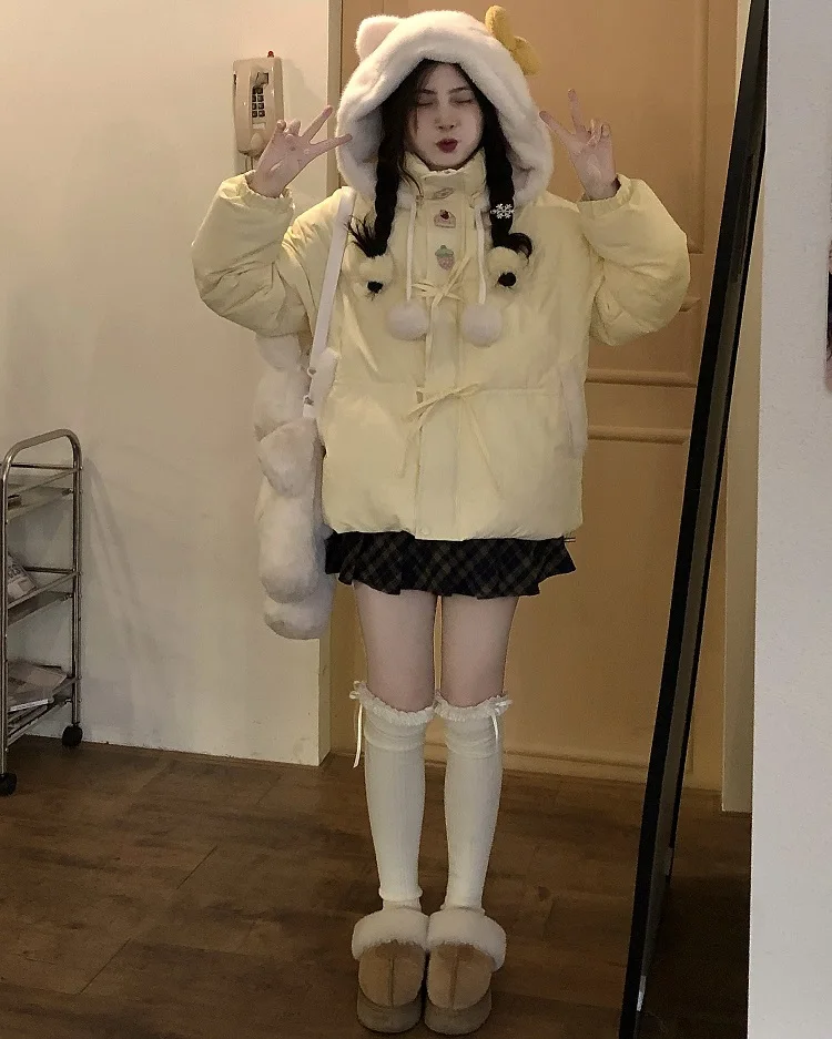 Vintage Kawaii Long Sleeve Loose Coat with Hooded Women Japanese Cute Zipper Sweatshirts Female Casual Y2k Jacket Overcoat Chic