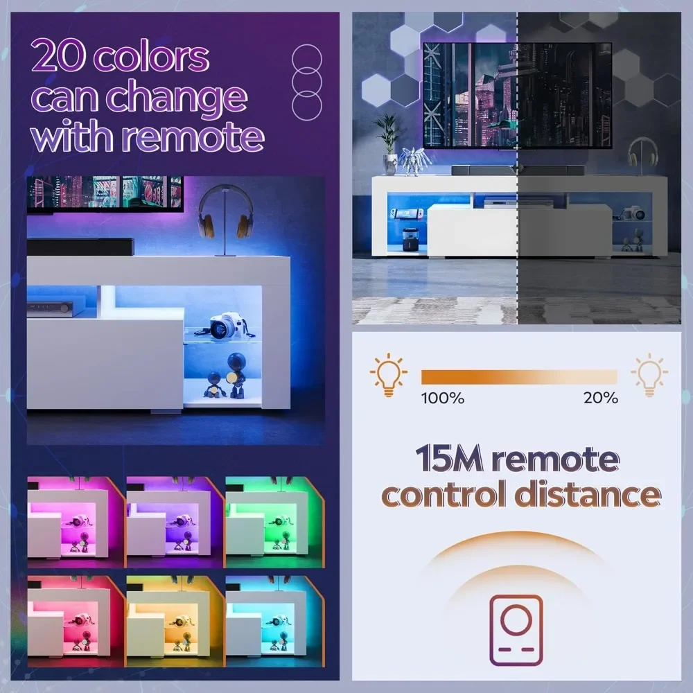 Suporte de TV de 63 polegadas, centro de entretenimento LED para TV de 60 a 70 polegadas, console de TV moderno com 2 gavetas, suporte de TV para sala de estar