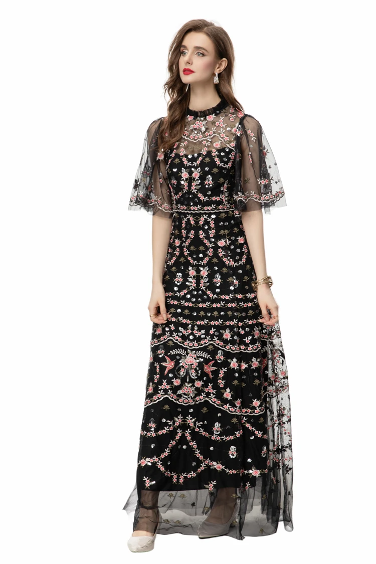 Women's Runway Dresses Ruffled Collar Half  Flare Sleeves Embroidery Floral Layered A Line Elegant Fashion Maxi Party Gown