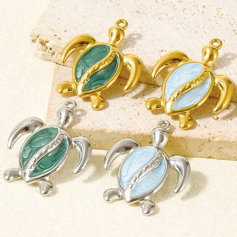 1/4pcs Blue/Green Enamel Stainless Steel Turtle Pendant For Jewelry Making Supplies Marine Animal Charm Handmade Sea Accessories