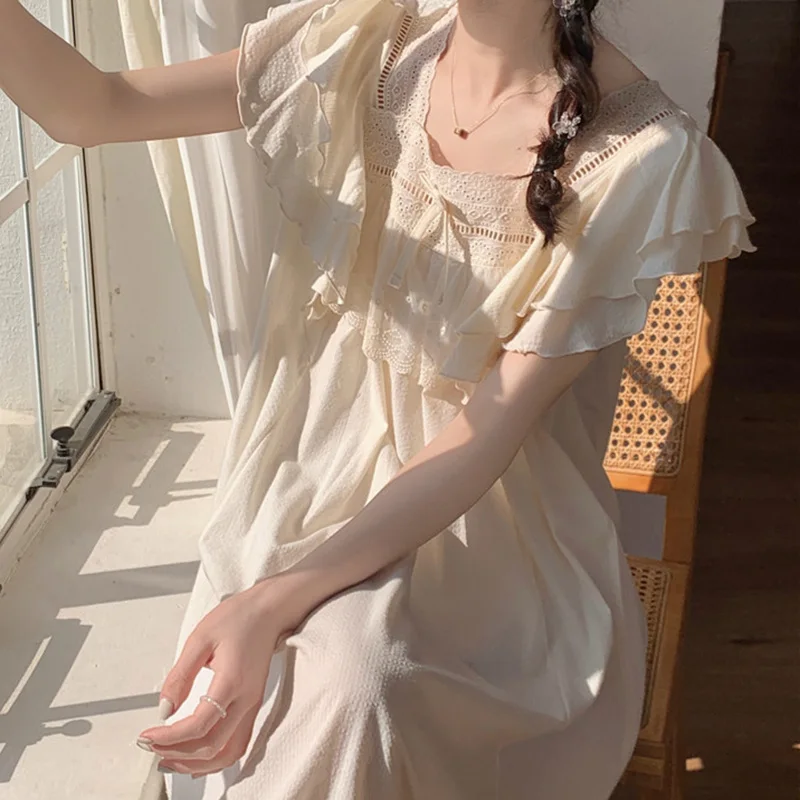 Korean Japan Cotton Sleepwear for Women Sweet Lace Ladies Ruffle Edge Flying Sleeves Home Clothes Pajamas Long Skirts