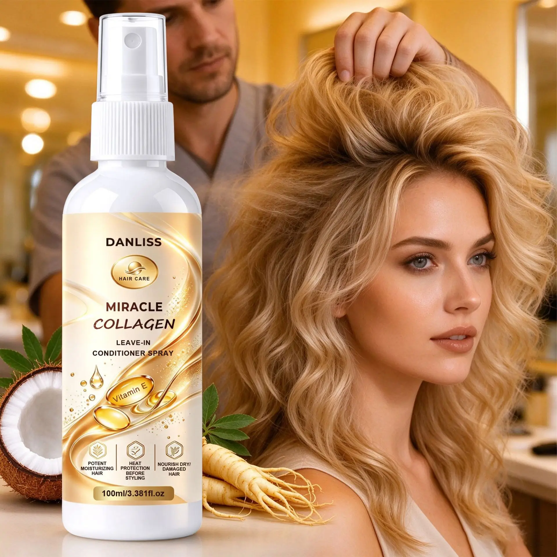Miracle Collagen Leave-In Conditioner Spray, with Keratin, Ginseng Root, Vitamin E & Collagen, Prevent Hair Tangles.