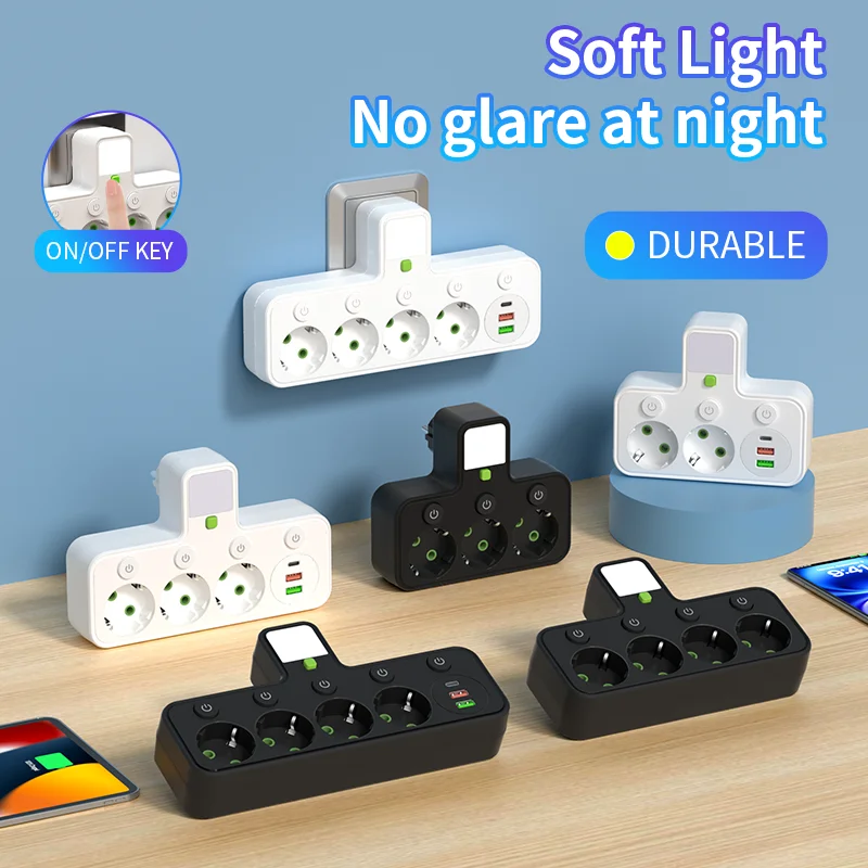 EU Plug Power Strip with Switch & Night Light, 4 AC Outlets + 2 USB + 1 Type-C Port, Household Power Distribution Socket   JJ331