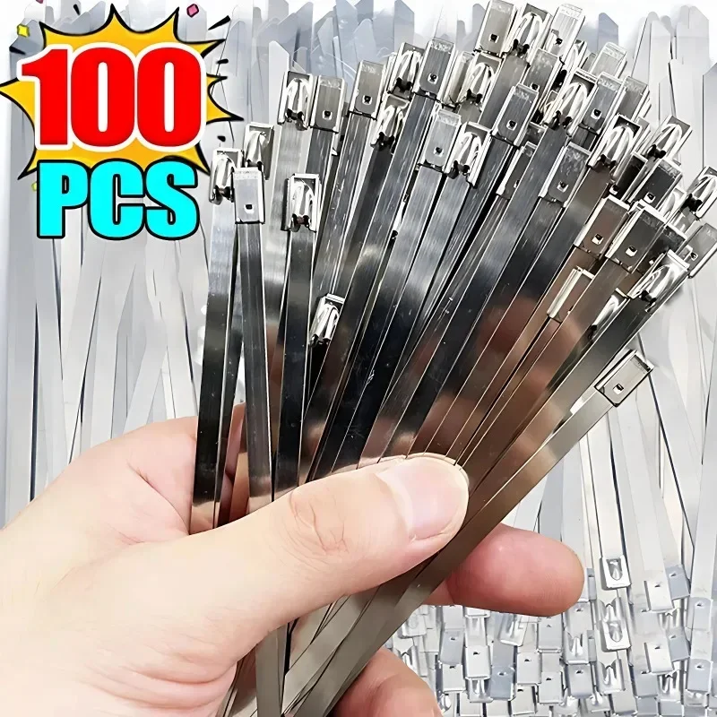 100PCS Stainless Steel Cable Ties Exhaust Wrap Coated Self-Locking Metal Zip-Exhaust Locking Cables Tie