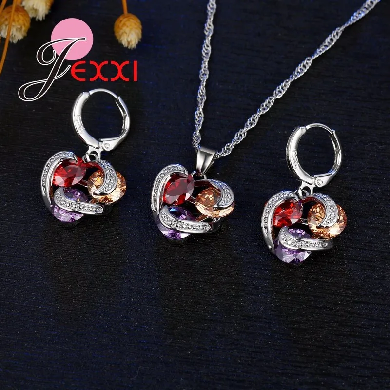Luxury Rhinestone CZ 925 Silver Needle Jewelry Set For Women Girl Necklace Pendent Earrings For Anniversary Party