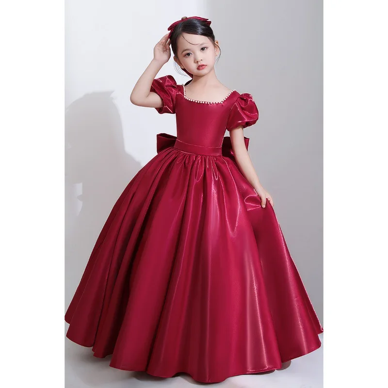 

2025 girl baby red evening dress spring tutu skirt feast flower girl princess skirt children piano performance clothes birthday
