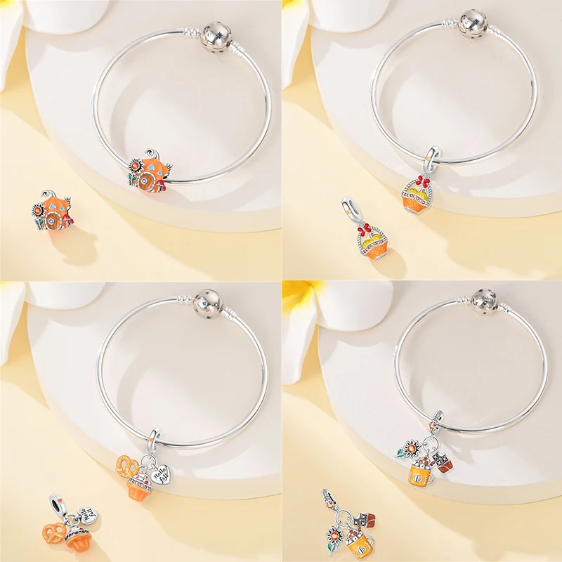 Autumn New 925 Sterling Silver Brown Maple Leaf Pumpkin Bee Charms Bead Fit 3mm 925 Original Bracelets DIY Jewelry Warm Gift