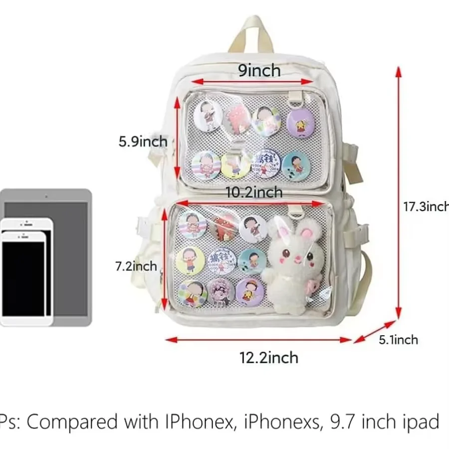 กระเป๋าเป้สะพายหลังสีดำใสอเนกประสงค์ ขนาดใหญ่ จุของได้เยอะ มีหลายช่อง เหมาะสำหรับเด็กผู้หญิง วัยรุ่น  สามารถติดป้าย DIY หรือเข็มกลัด JK ได้