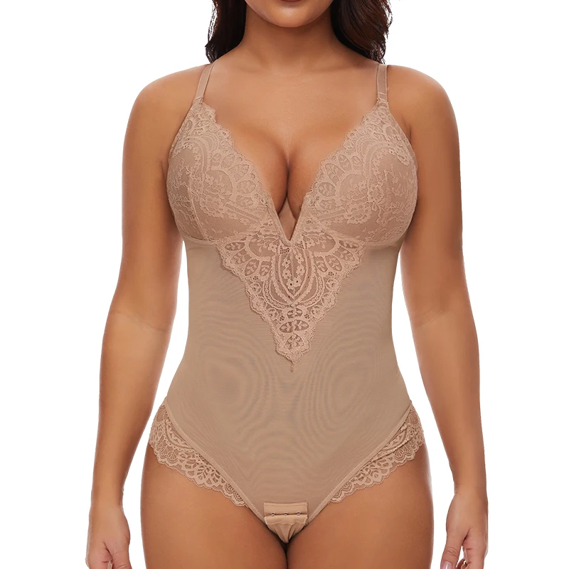 Sexy Lace Mesh Shapewear Bodysuit for Women Tummy Control V Neck Body Shaper Fajas Thongs Sexy Bustier