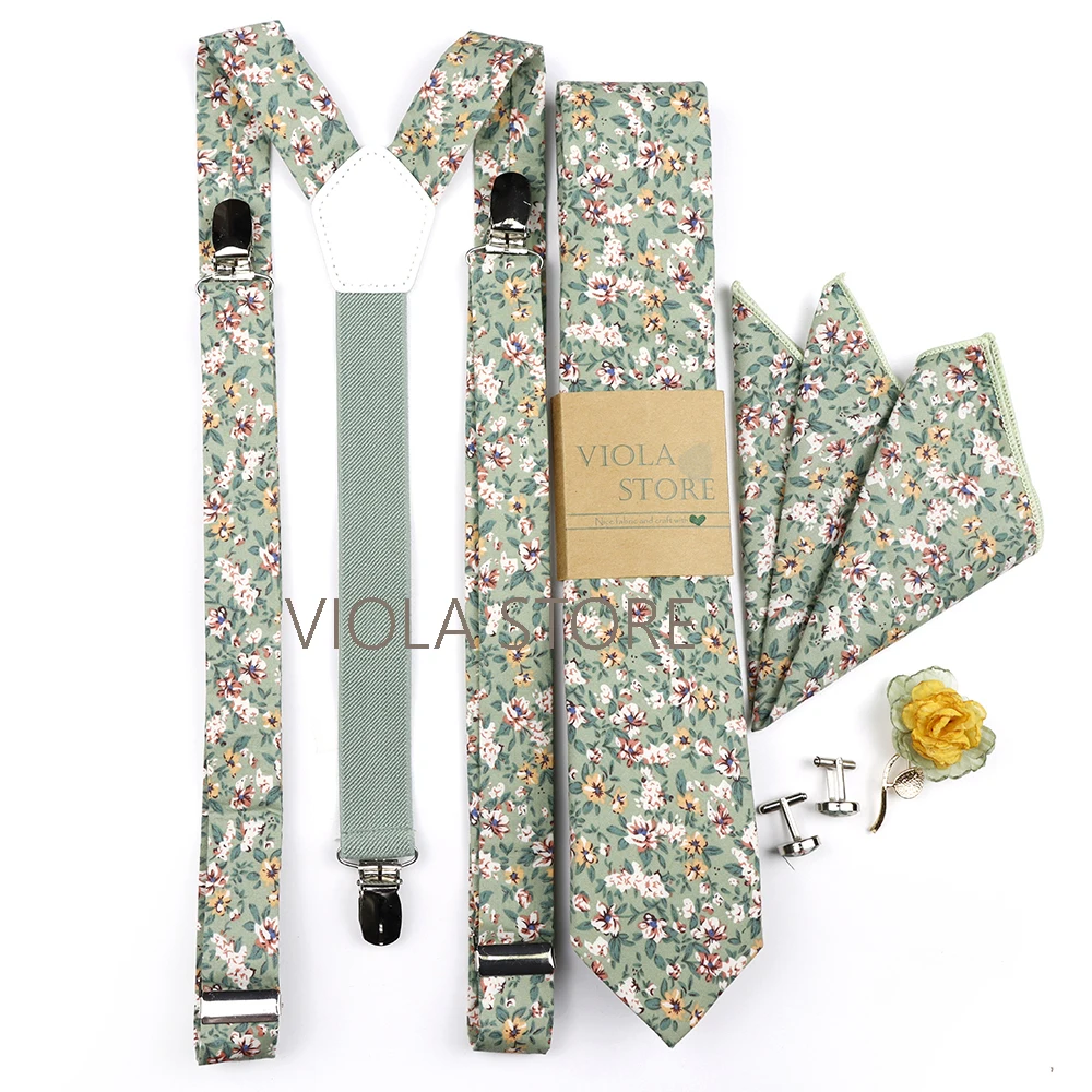 New Flower Cotton 2.5cm Suspender 6.5cm Tie Hankie Men Kid Bow Set Green Flower Cravat Brace Straps Wedding Party Gift Accessory