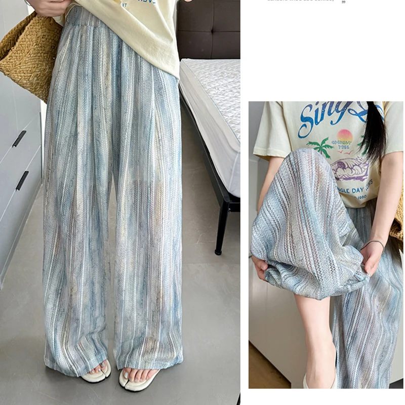 

Dye Print Harajuku Casual Streetwear Pleated Straight Wide Leg Trousers Female Summer Fashion Loose Thin Pants Women Clothes