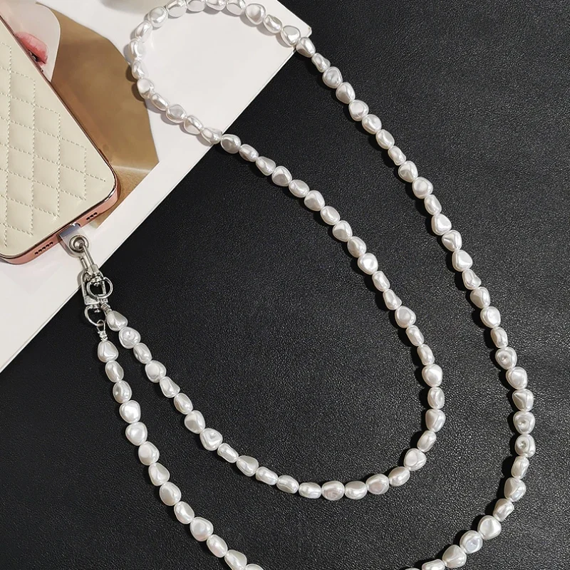 Mobile Phone Lanyard Women\'s Crossbody Beaded Chain Senior Fashion Flat Pearl Chain Anti-loss Sling Strapclip Phone Charm Strap